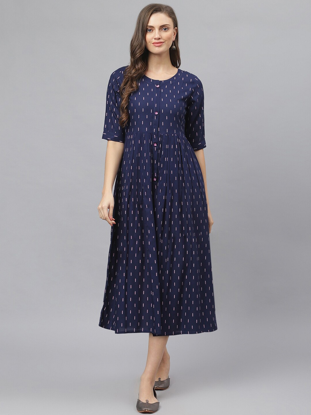 

Stylum Women Navy Blue & Pink Ethnic Motifs A-Line Midi Dress