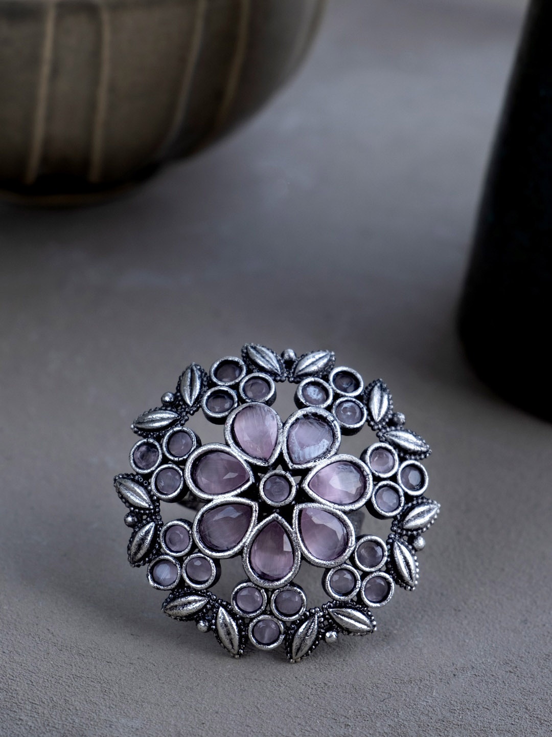 

Infuzze Oxidized Silver-Plated Pink Stone-Studded Adjustable Finger Ring