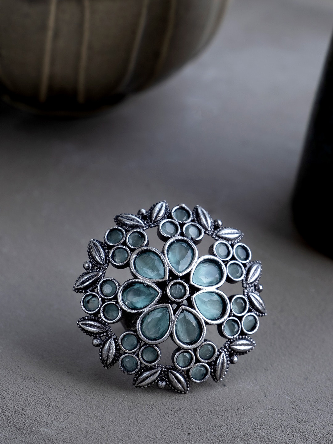 

Infuzze Silver-Plated Turquoise Blue Oxidised Floral Ring