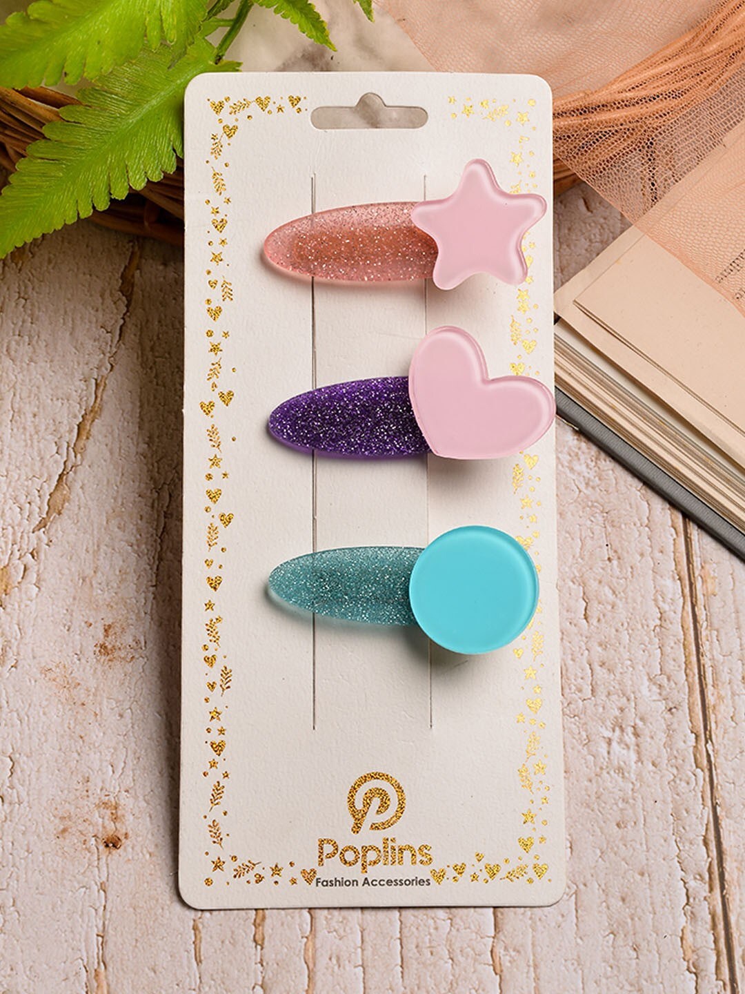 

POPLINS Girls Purple & Green Set of 3 Embellished Alligator Hair Clip