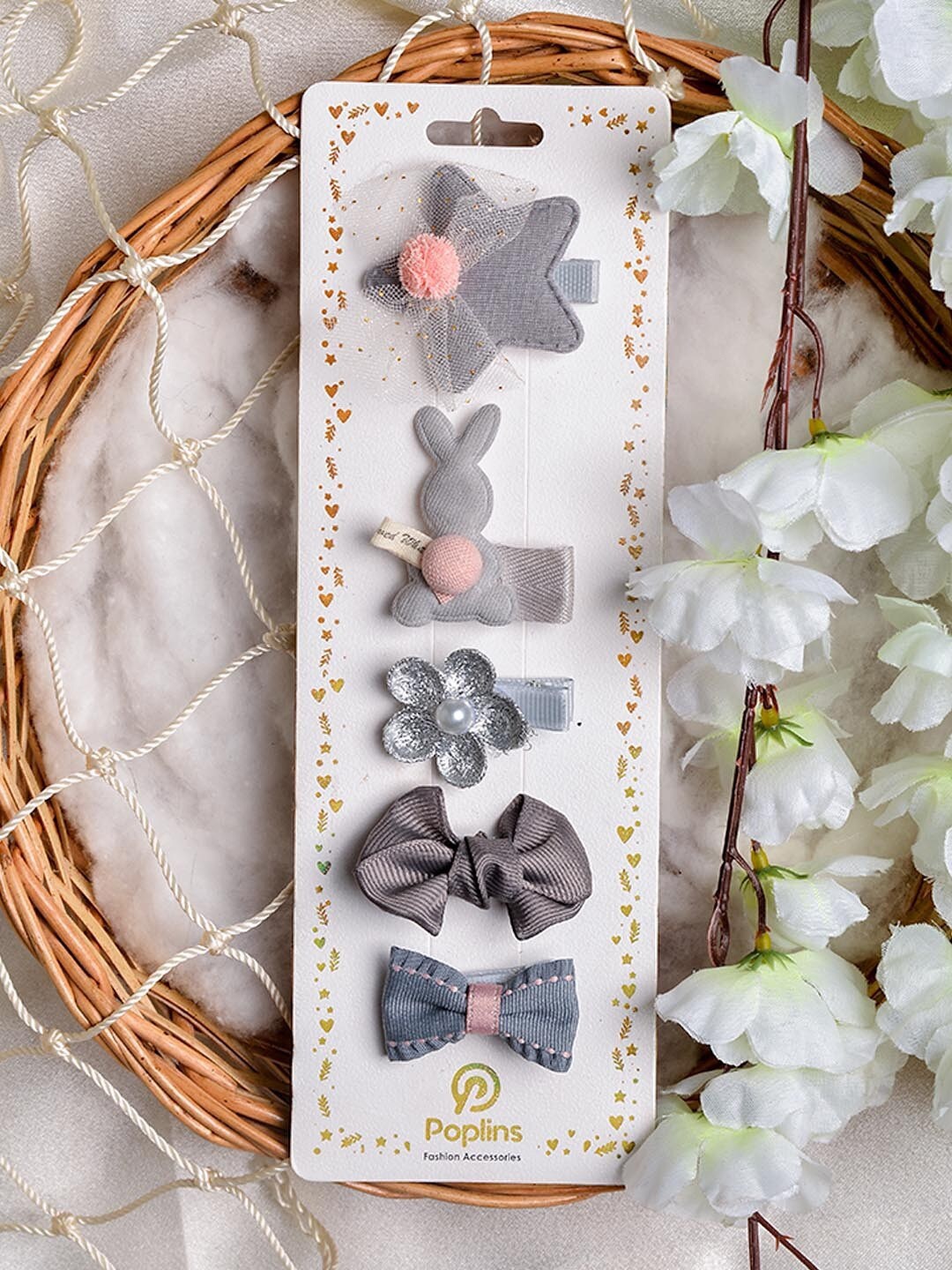

POPLINS Girls Grey & Pink Set of 5 Embellished Alligator Hair Clip