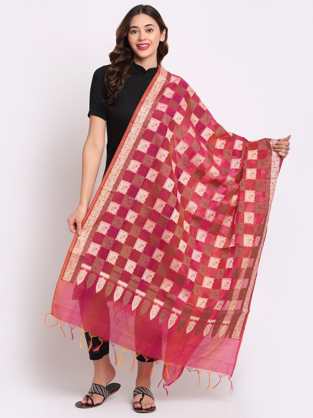 

LOOM LEGACY Magenta & Gold-Toned Ethnic Motifs Woven Design Cotton Silk Dupatta with Zari