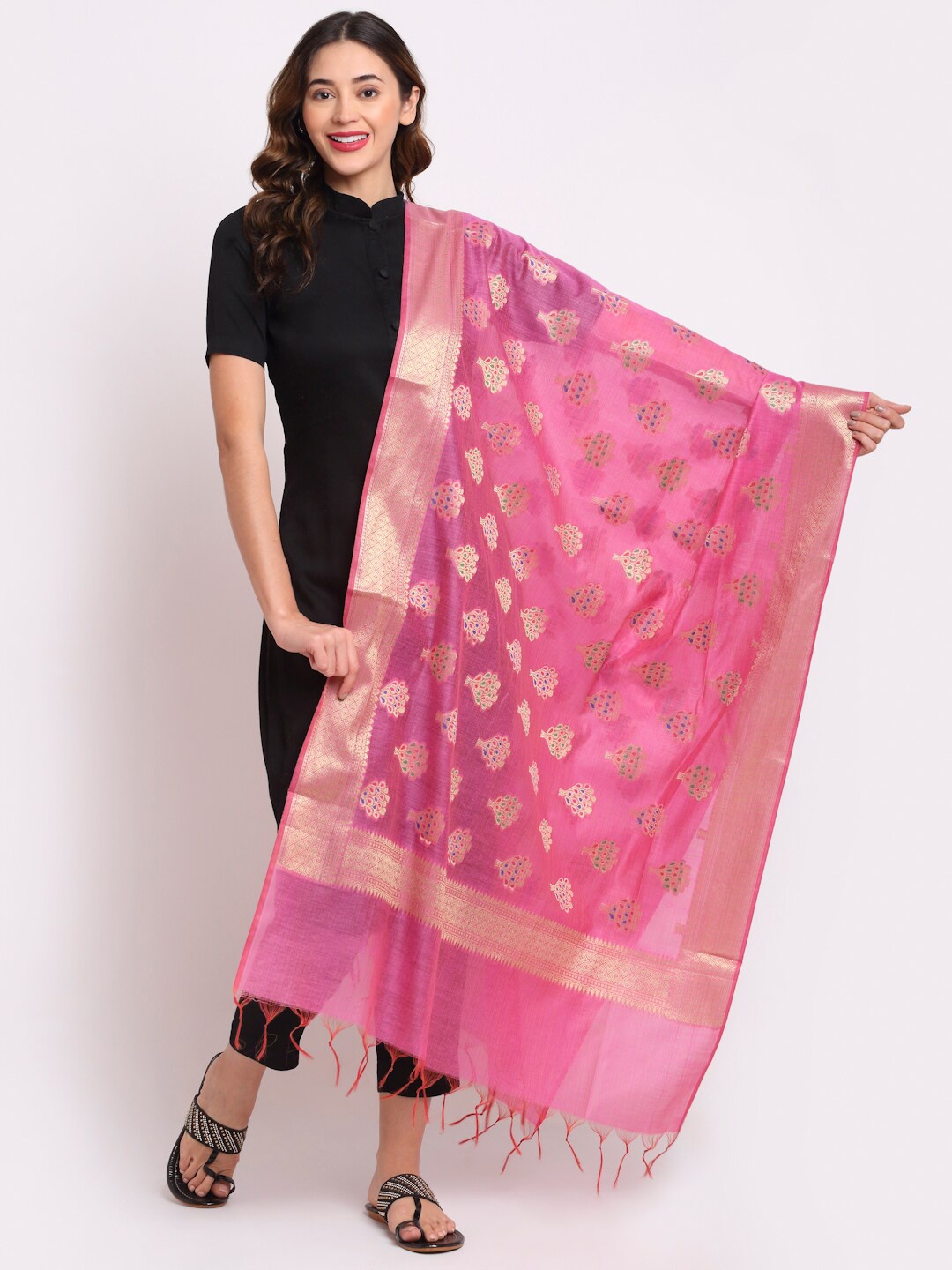 

LOOM LEGACY Pink Ethnic Motifs Woven Design Cotton Silk Dupatta with Zari