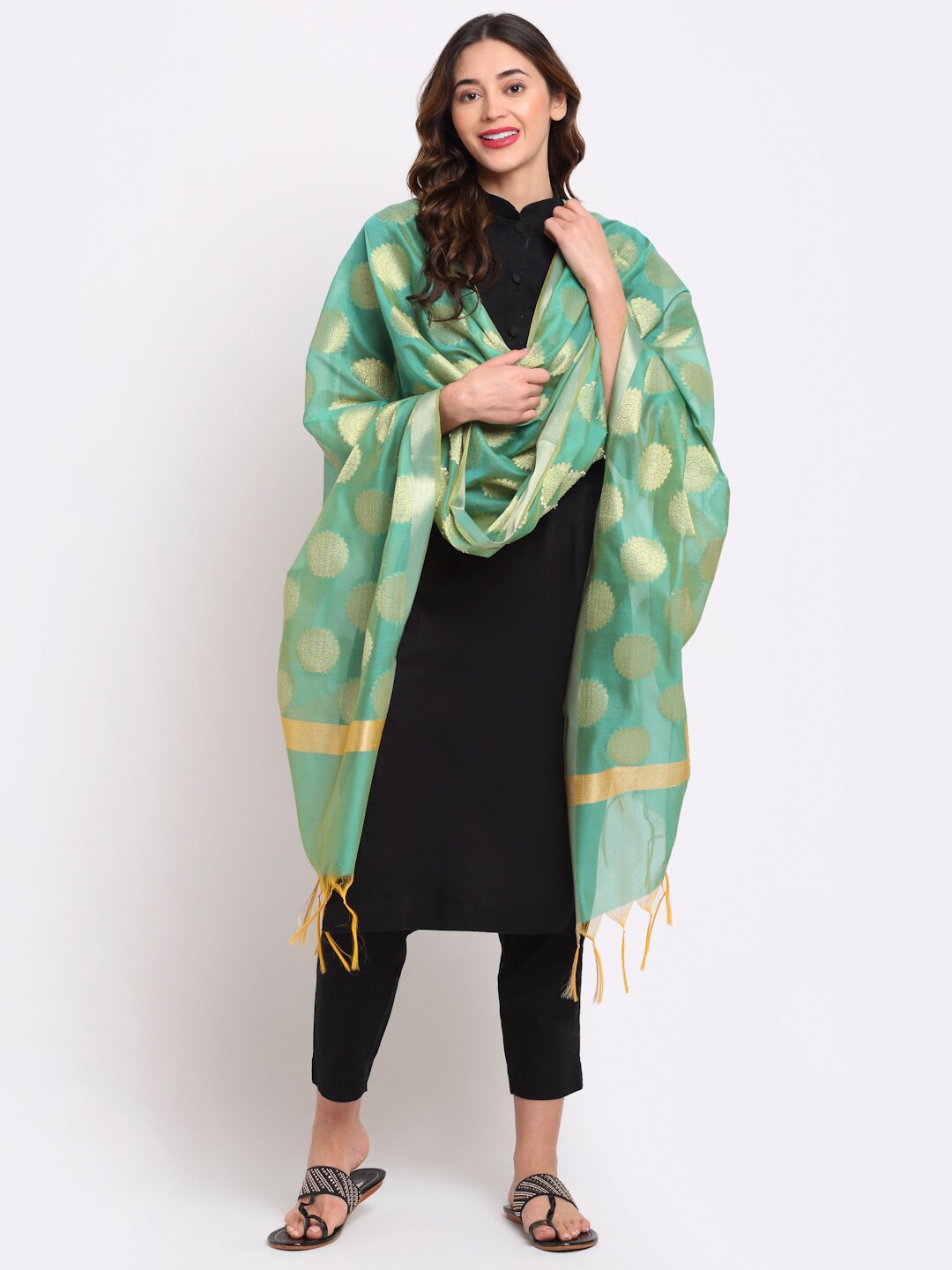 

LOOM LEGACY Green & Gold-Toned Woven Design Jacquard Cotton Silk Dupatta