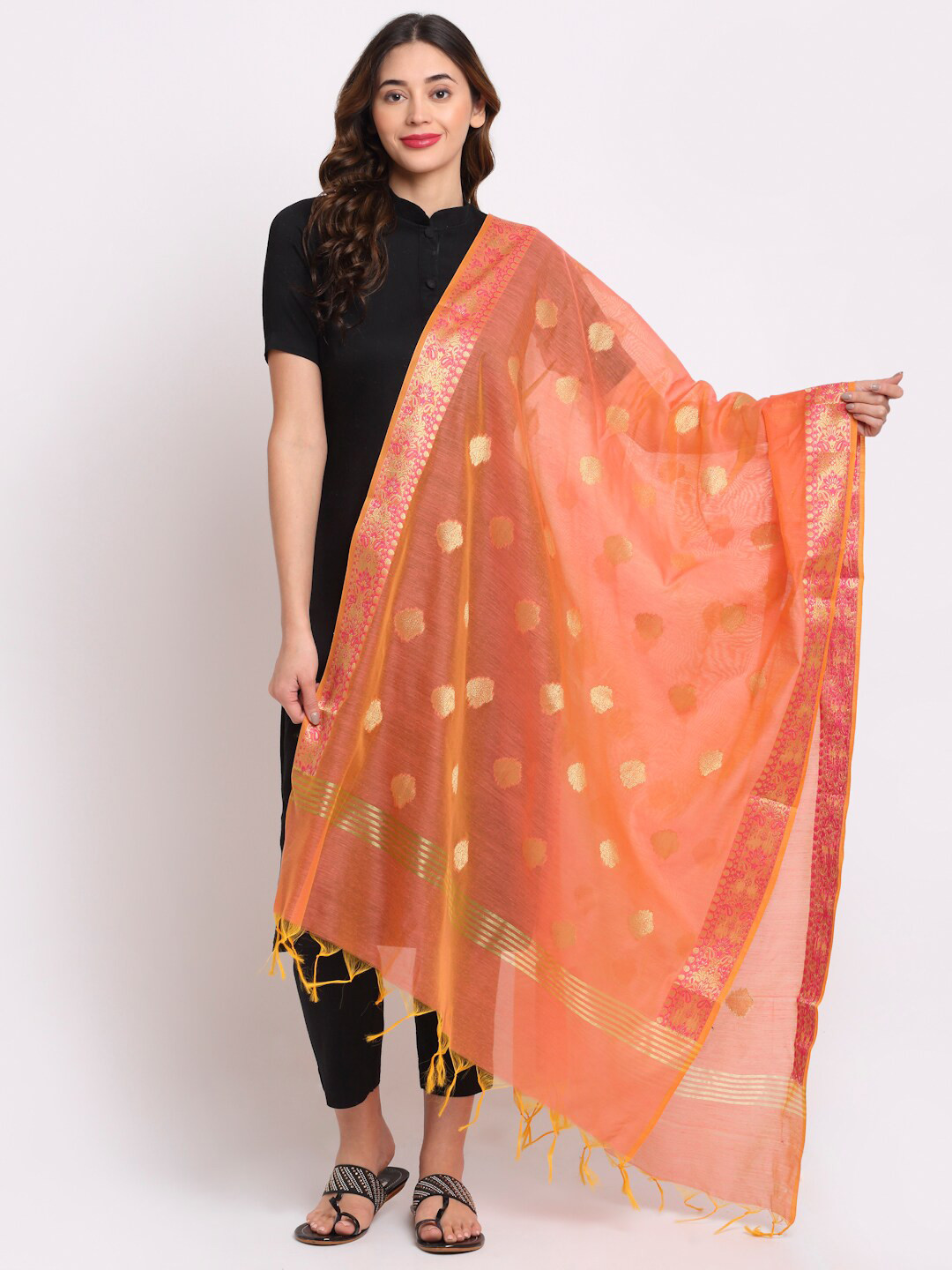 

LOOM LEGACY Orange & Gold-Toned Woven Design Cotton Silk Dupatta
