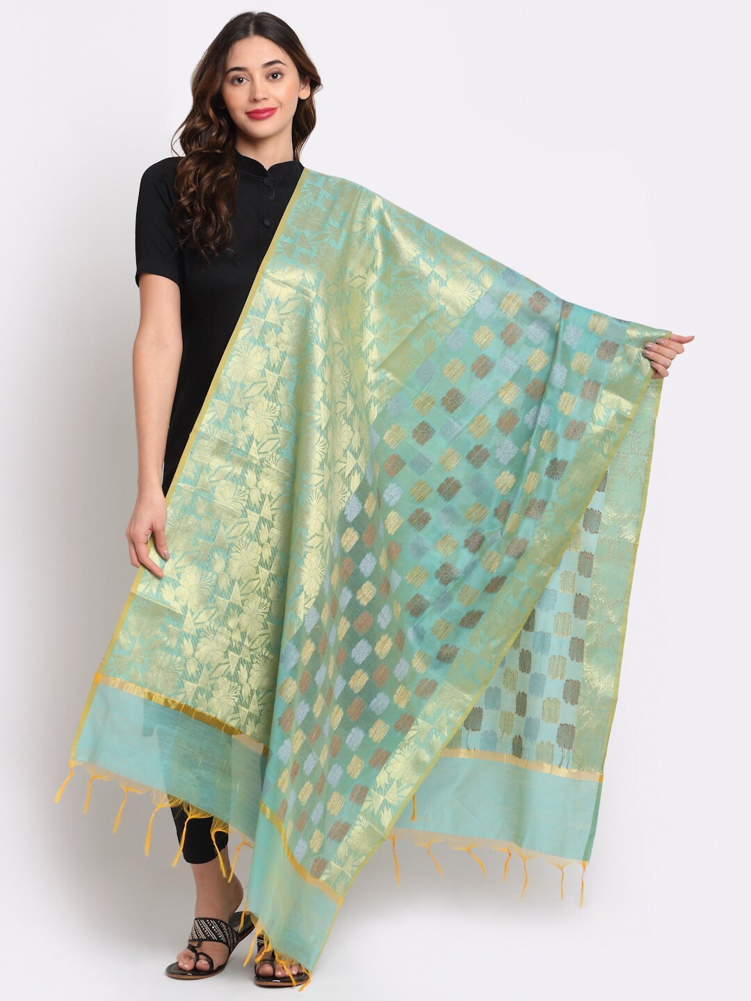 

LOOM LEGACY Women Turquoise Blue Woven Design Cotton Silk Jacquard Dupatta