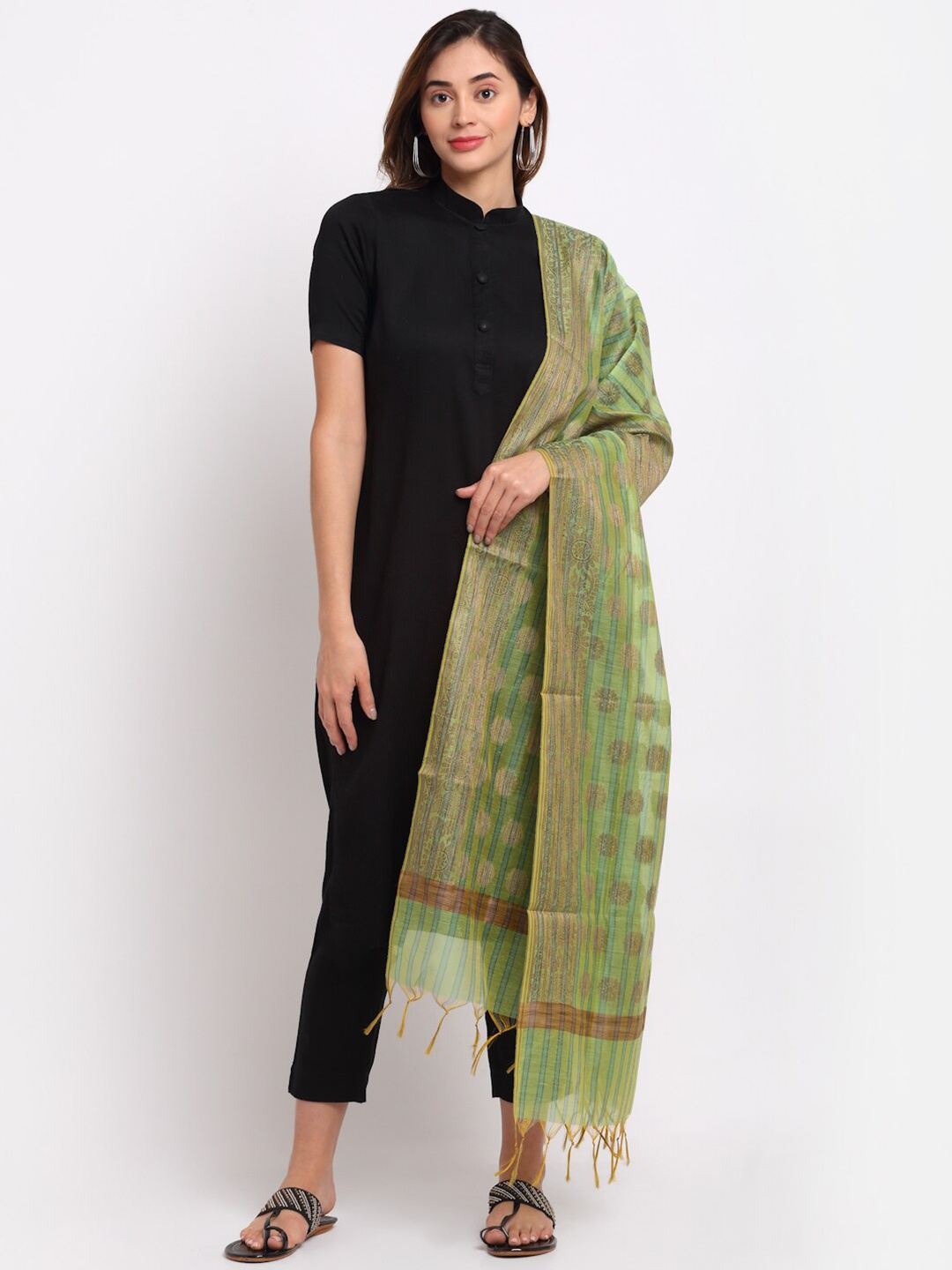 

LOOM LEGACY Green & Brown Ethnic Motifs Woven Design Cotton Silk Dupatta with Zari