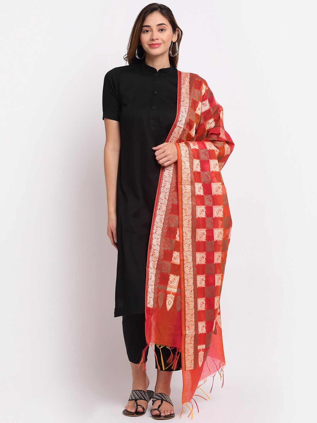

LOOM LEGACY Red & Grey Ethnic Motifs Woven Design Cotton Silk Jacquard Dupatta