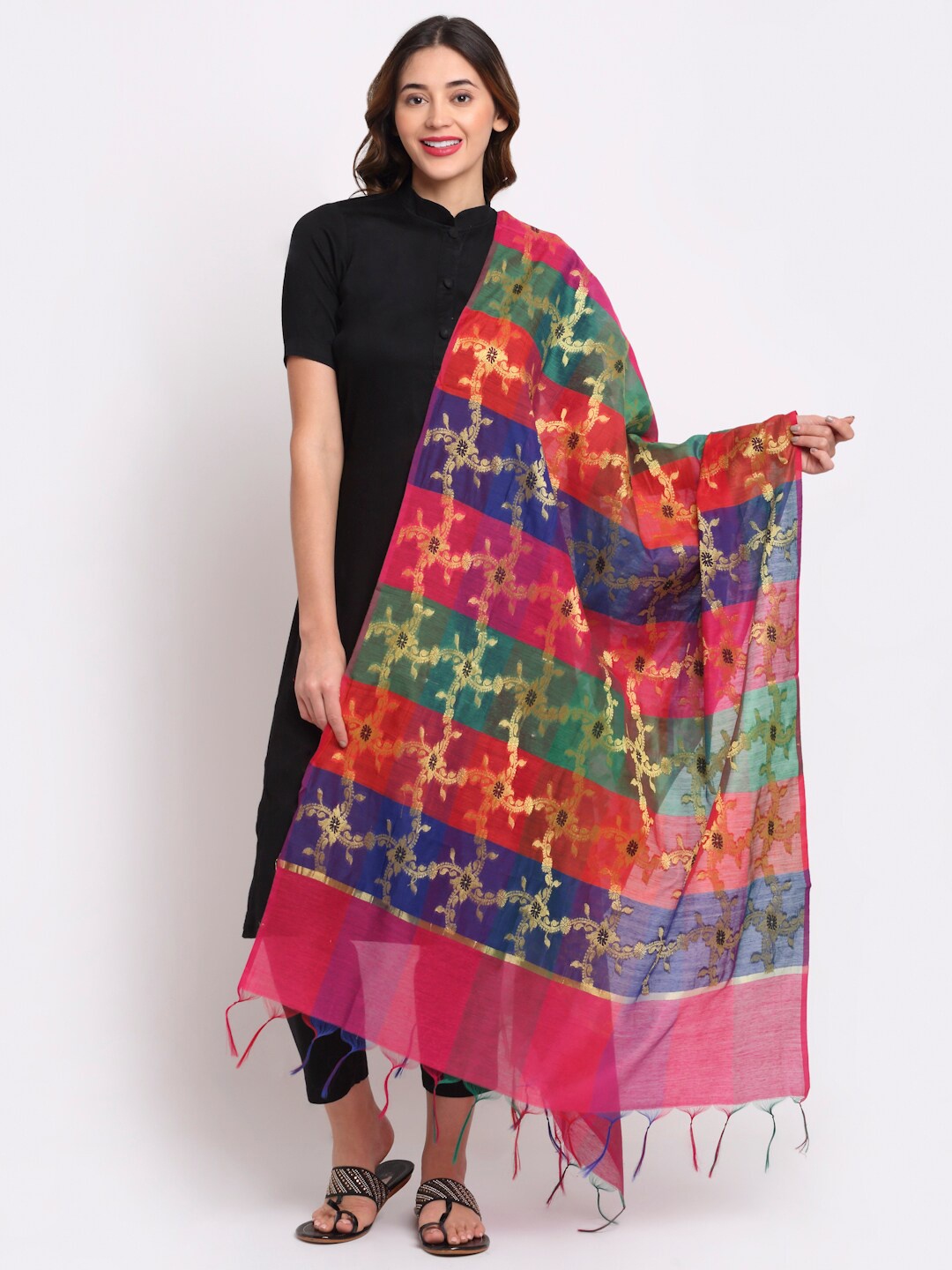 LOOM LEGACY Women Pink & Green Woven Design Jacquard Dupatta
