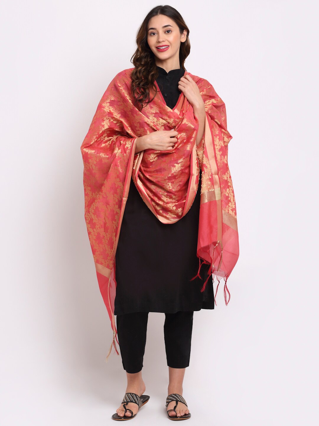 

LOOM LEGACY Red & Gold-Toned Woven Design Cotton Silk Dupatta with Zari