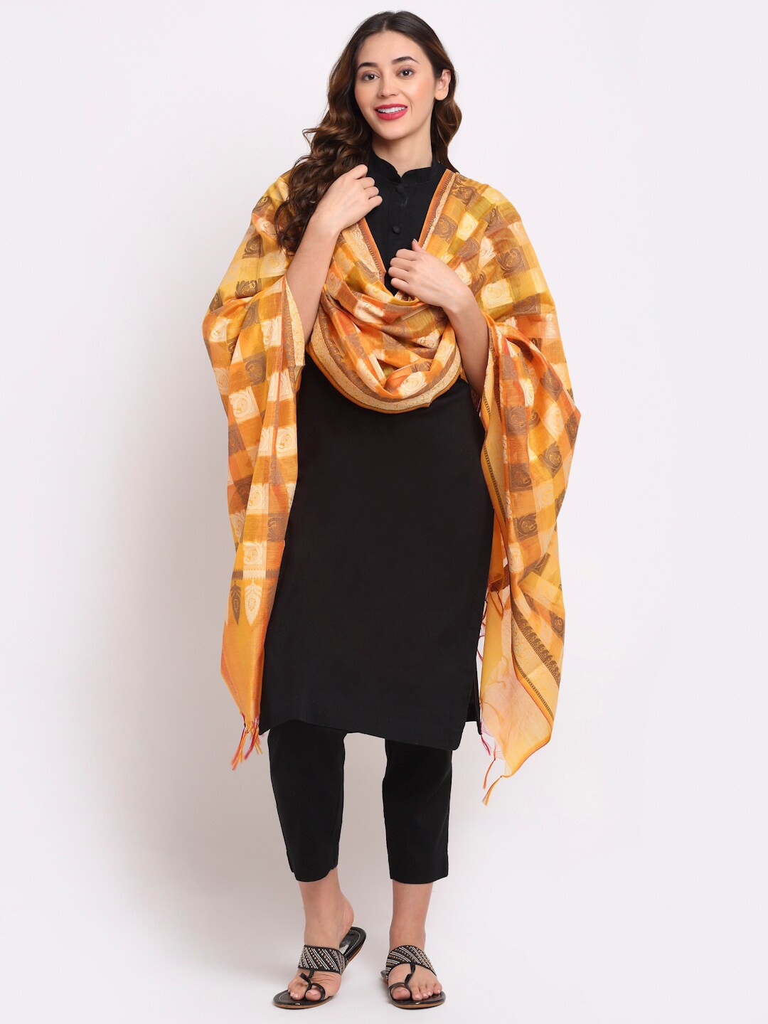 

LOOM LEGACY Yellow & White Ethnic Motifs Woven Design Cotton Silk Dupatta