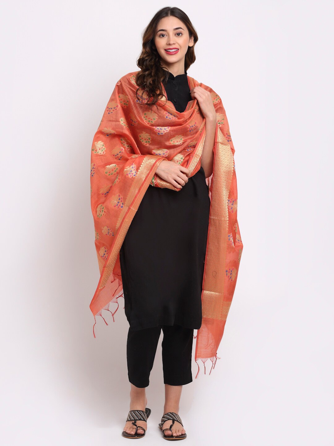 

LOOM LEGACY Orange & Gold-Toned Ethnic Motifs Woven Design Cotton Silk Dupatta with Zari