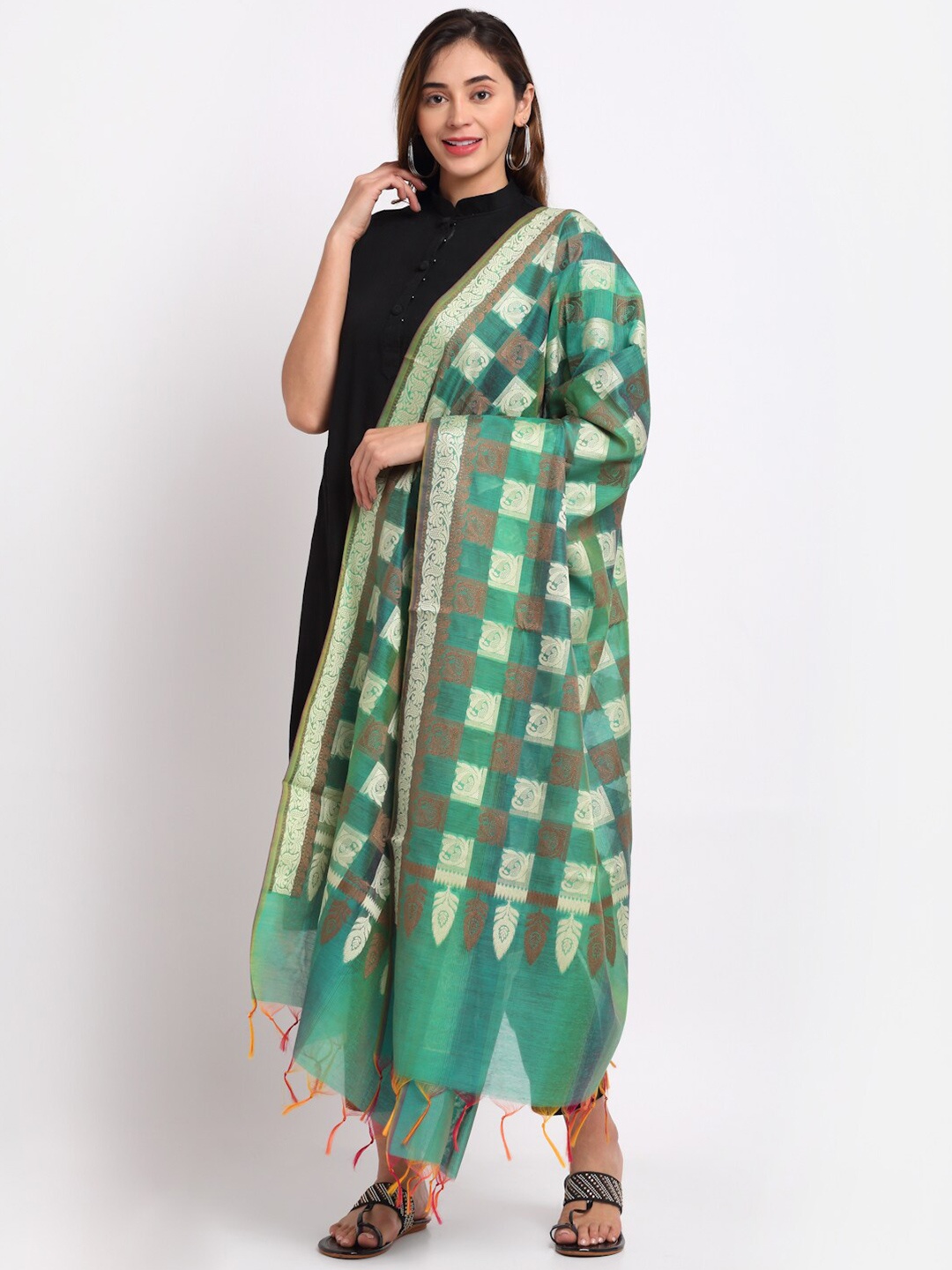 

LOOM LEGACY Women Green & Gold Woven Design Jacquard Dupatta