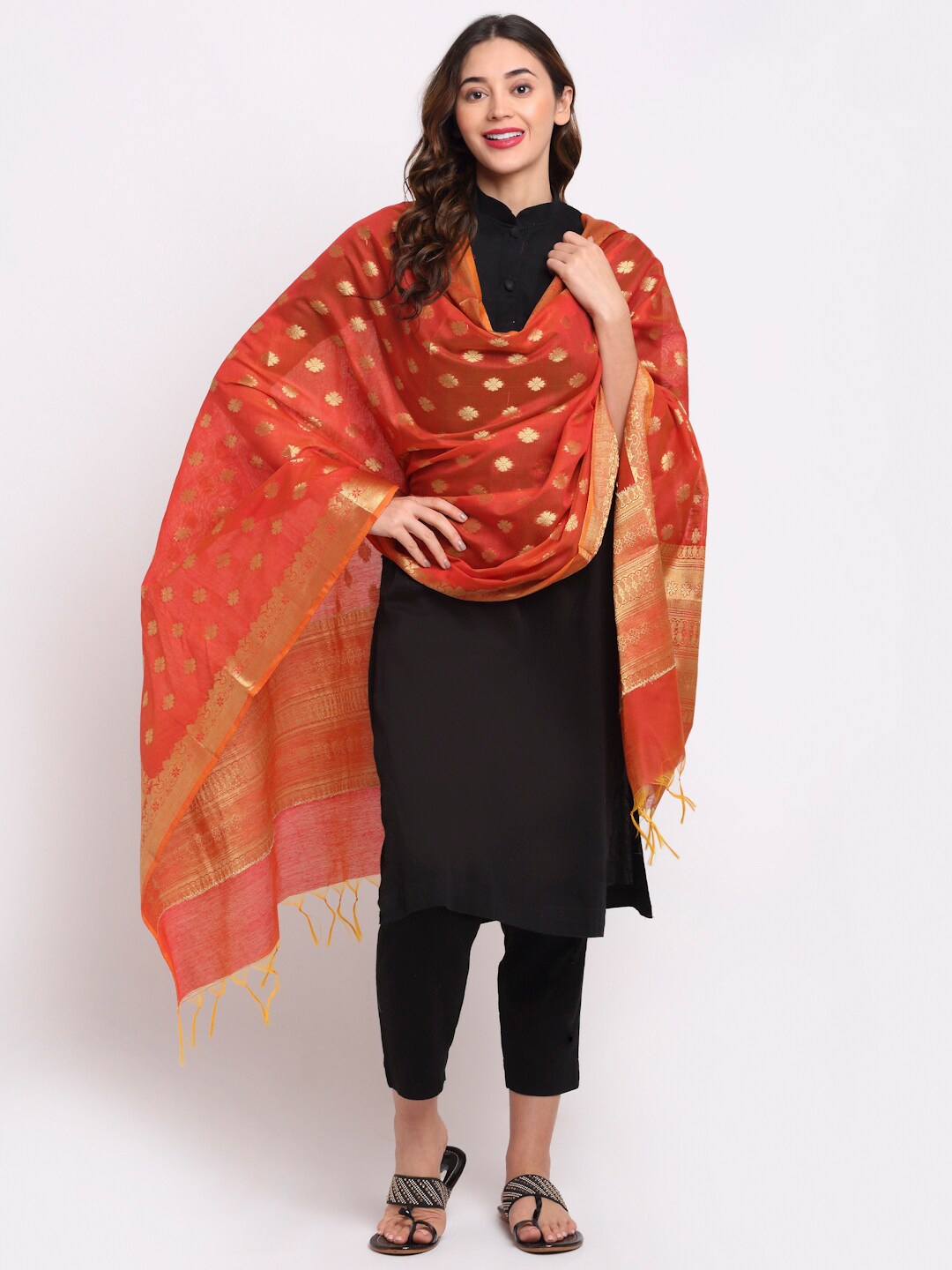

LOOM LEGACY Red & Gold-Toned Ethnic Motifs Woven Design Cotton Silk Dupatta with Zari