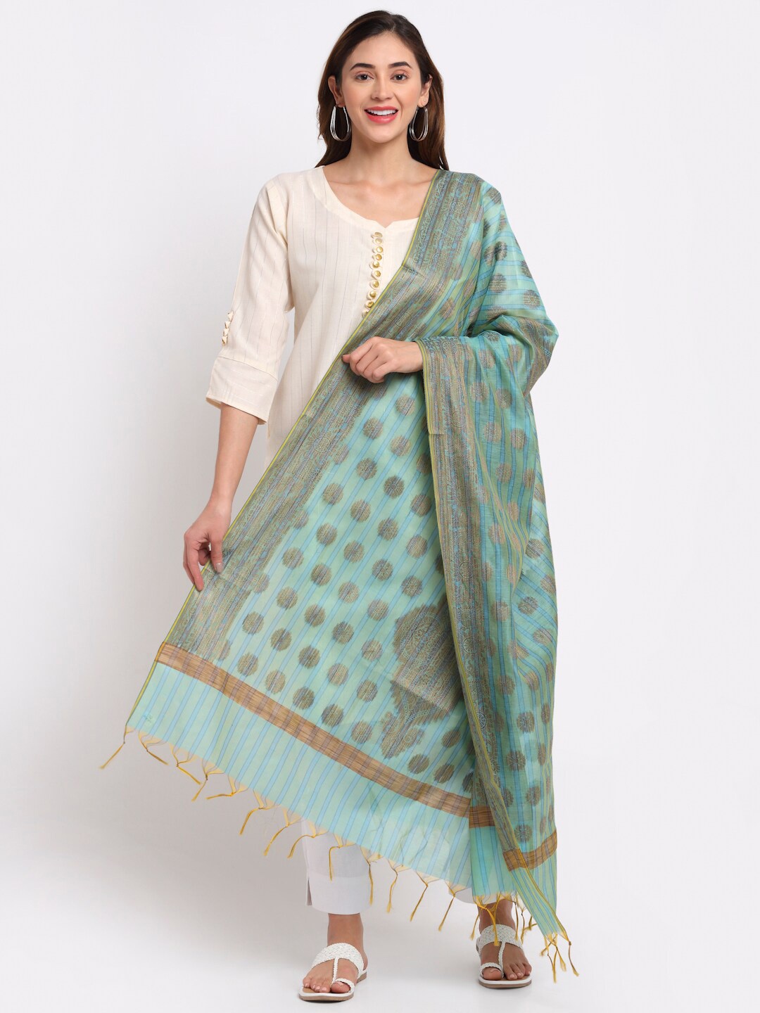 

LOOM LEGACY Woman Turquoise Blue & Brown Ethnic Motifs Cotton Silk Dupatta with Zari