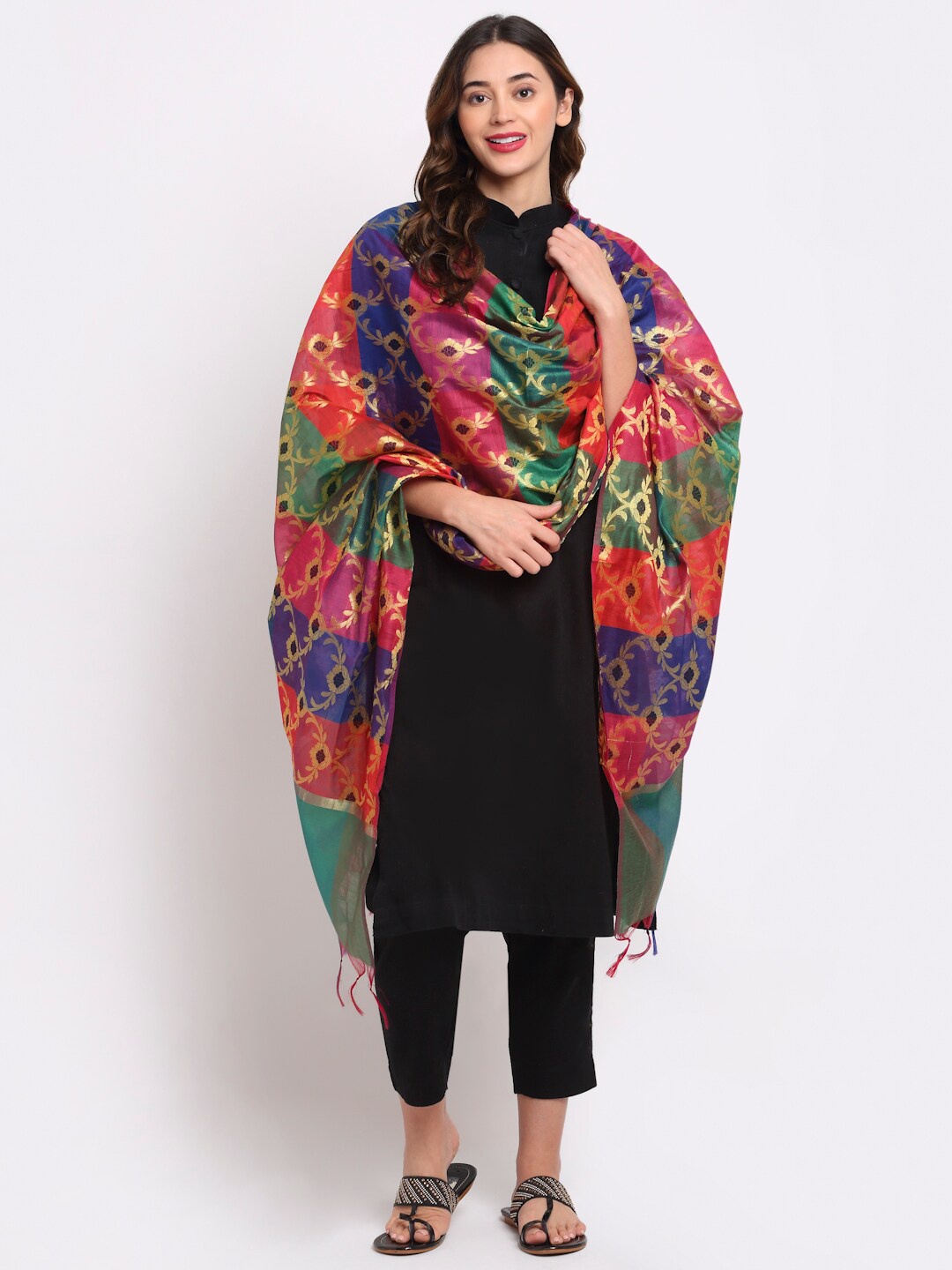 

LOOM LEGACY Red & Green Woven Design Cotton Silk Dupatta with Zari