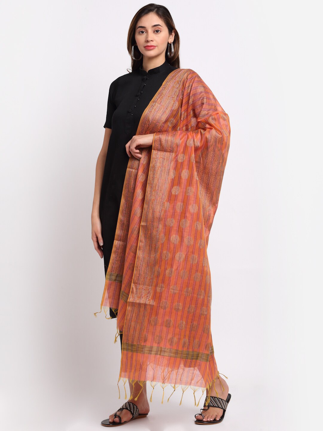 

LOOM LEGACY Orange & Grey Ethnic Motifs Woven Design Cotton Silk Dupatta with Zari