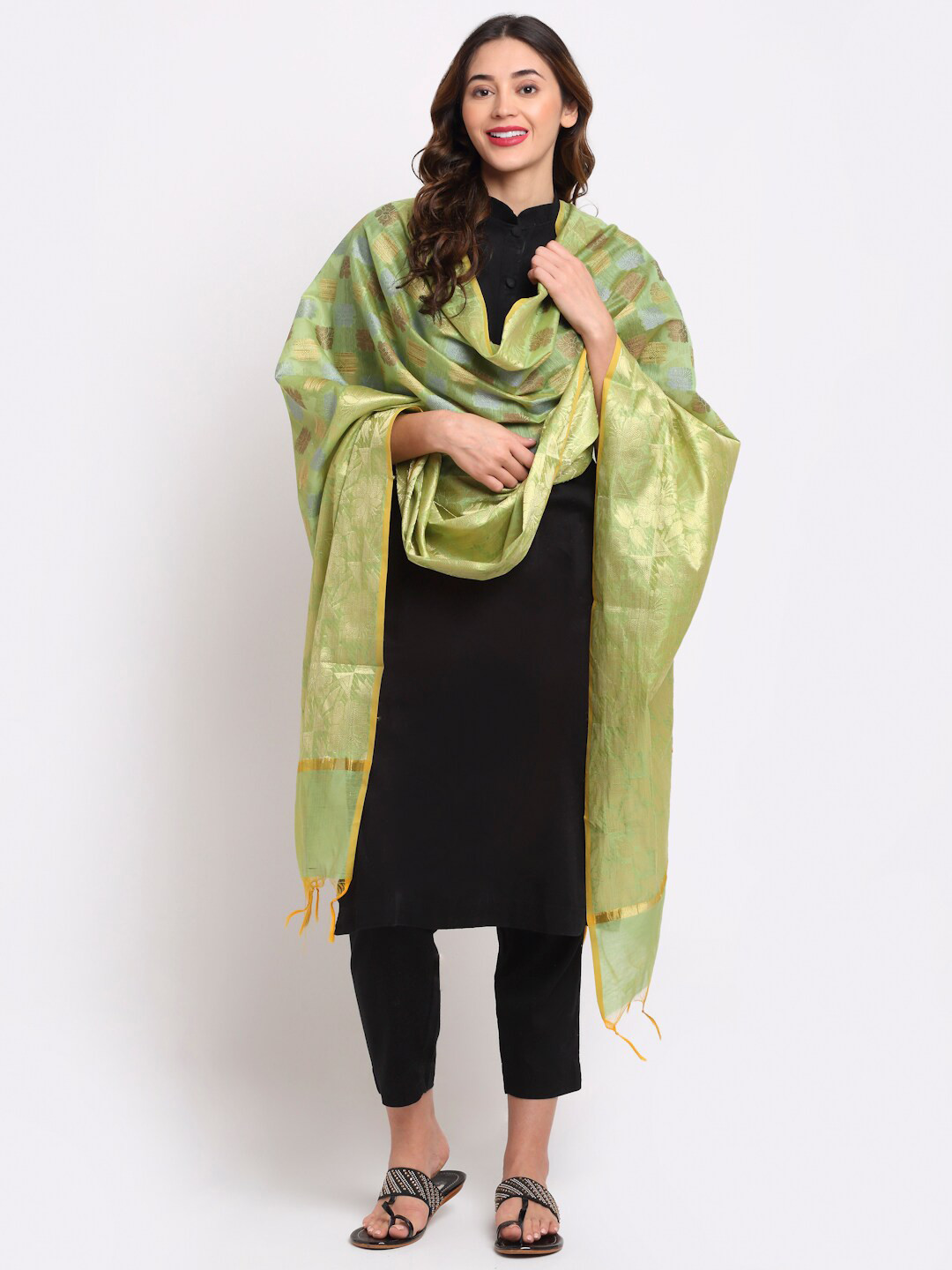 

LOOM LEGACY Green & Gold-Toned Ethnic Motifs Woven Design Cotton Silk Dupatta with Zari