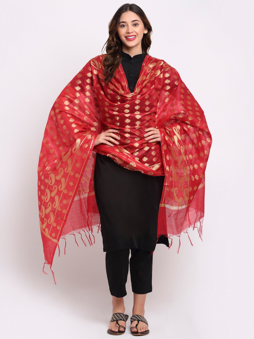 

LOOM LEGACY Women Red Woven Design Cotton Silk Jacquard Dupatta