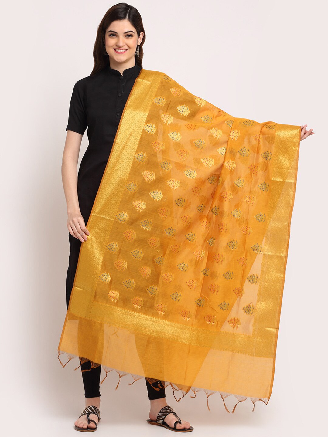 

LOOM LEGACY Mustard & Gold-Toned Ethnic Motifs Woven Design Cotton Silk Dupatta with Zari