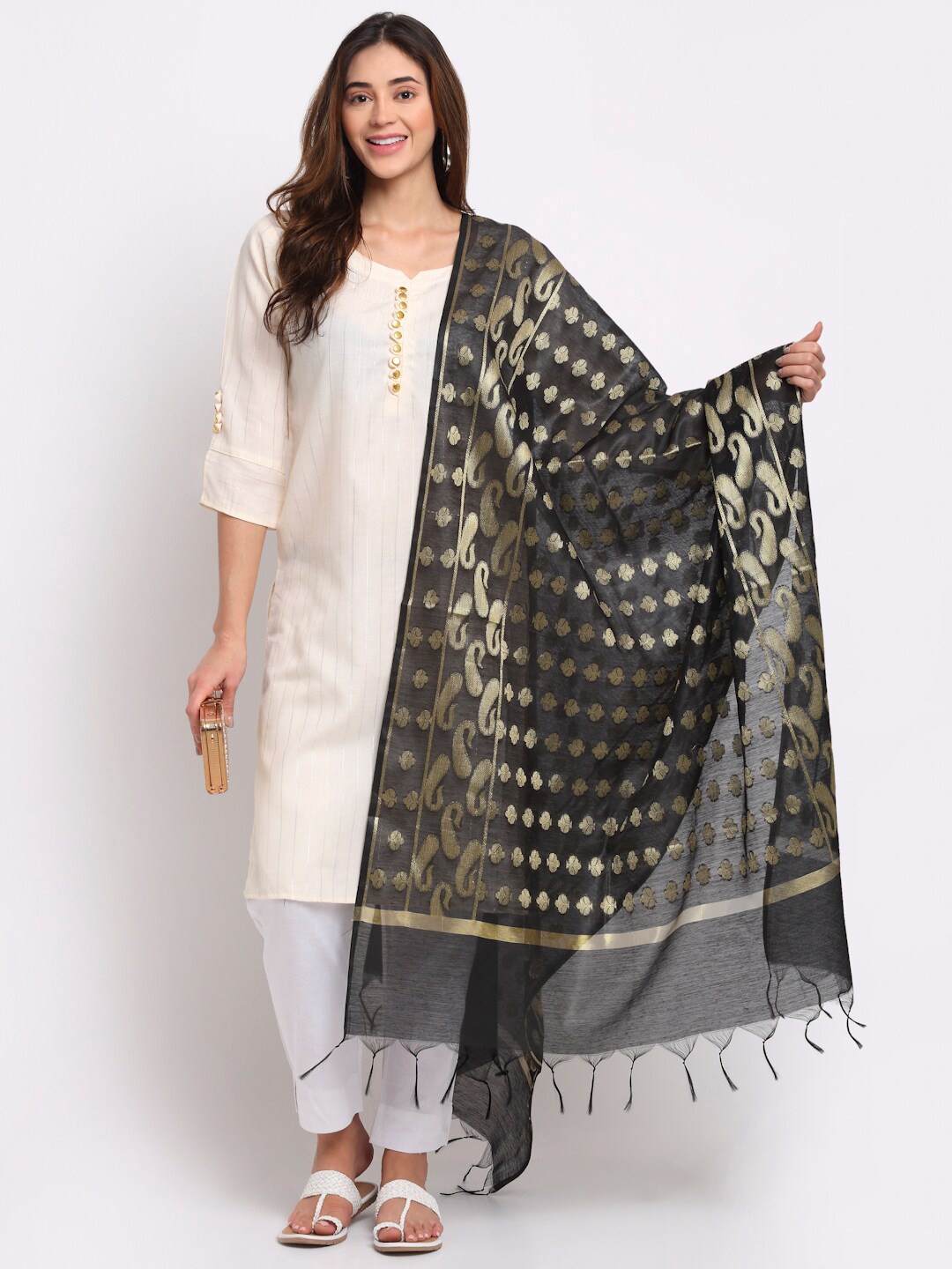 

LOOM LEGACY Black & Gold-Toned Woven Design Cotton Silk Jacquard Dupatta