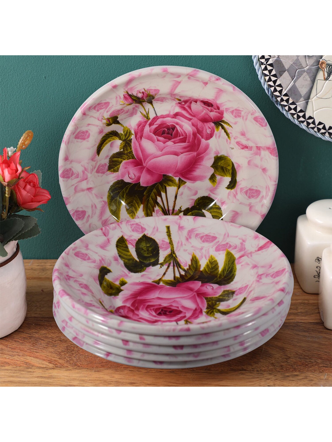

Gallery99 White & Pink 6 Pieces Floral Printed Melamine Glossy Plates