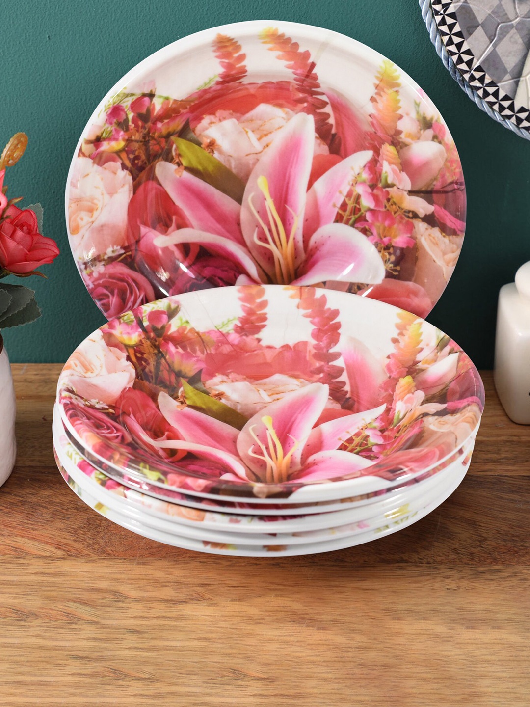 

Gallery99 Set Of 6 White & Red Lily Printed Dishwasher Safe Melamine Serving Plates