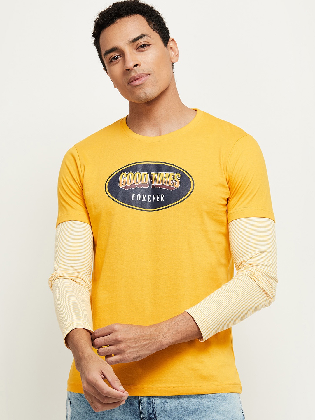 

max Men Yellow Typography Printed Pure Cotton T-shirt