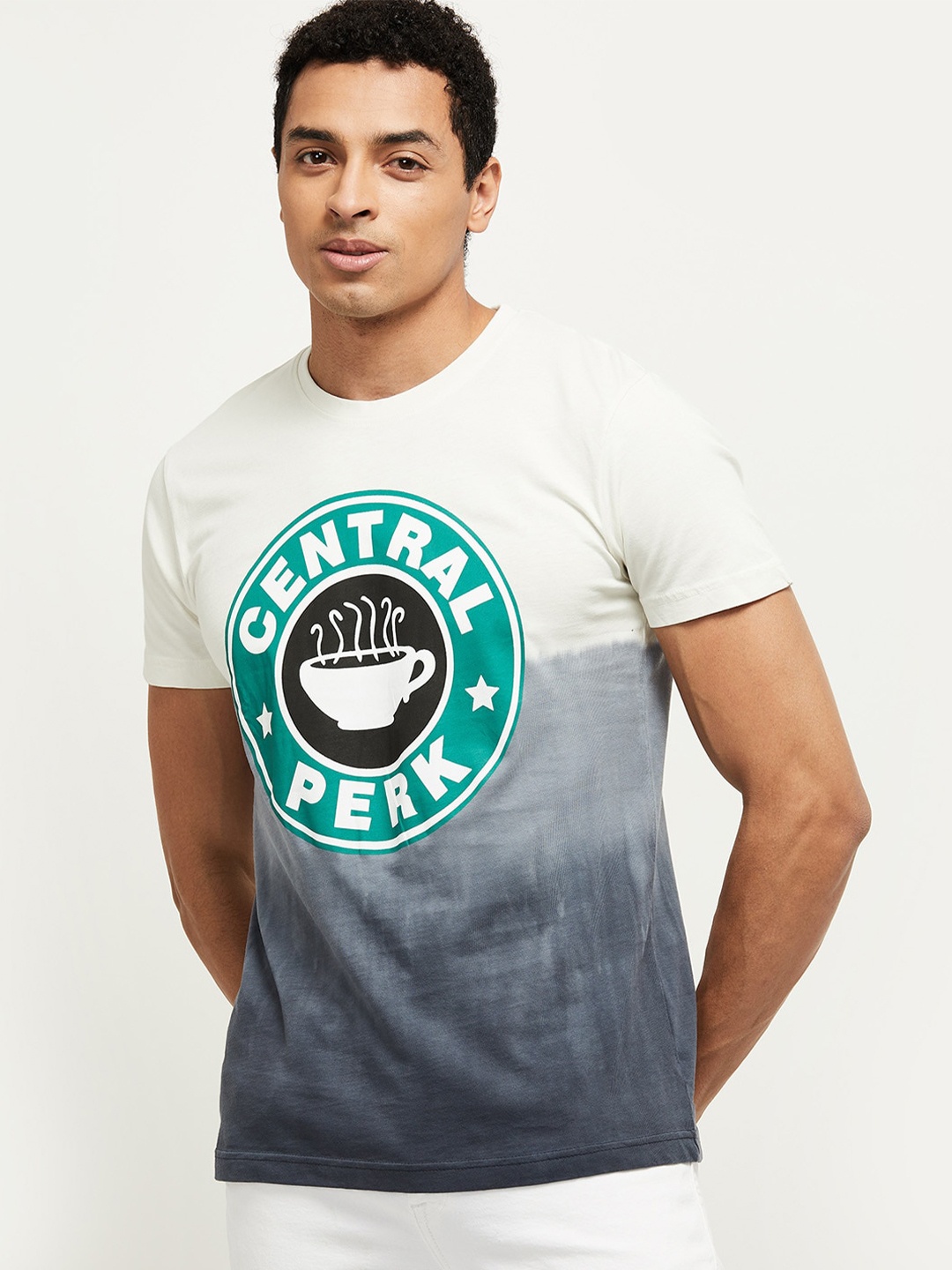 

max Men White & Grey Pure Cotton Colourblocked T-shirt