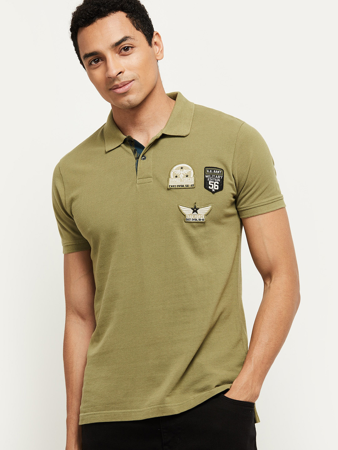

max Men Green Polo Collar Applique Pure Cotton T-shirt