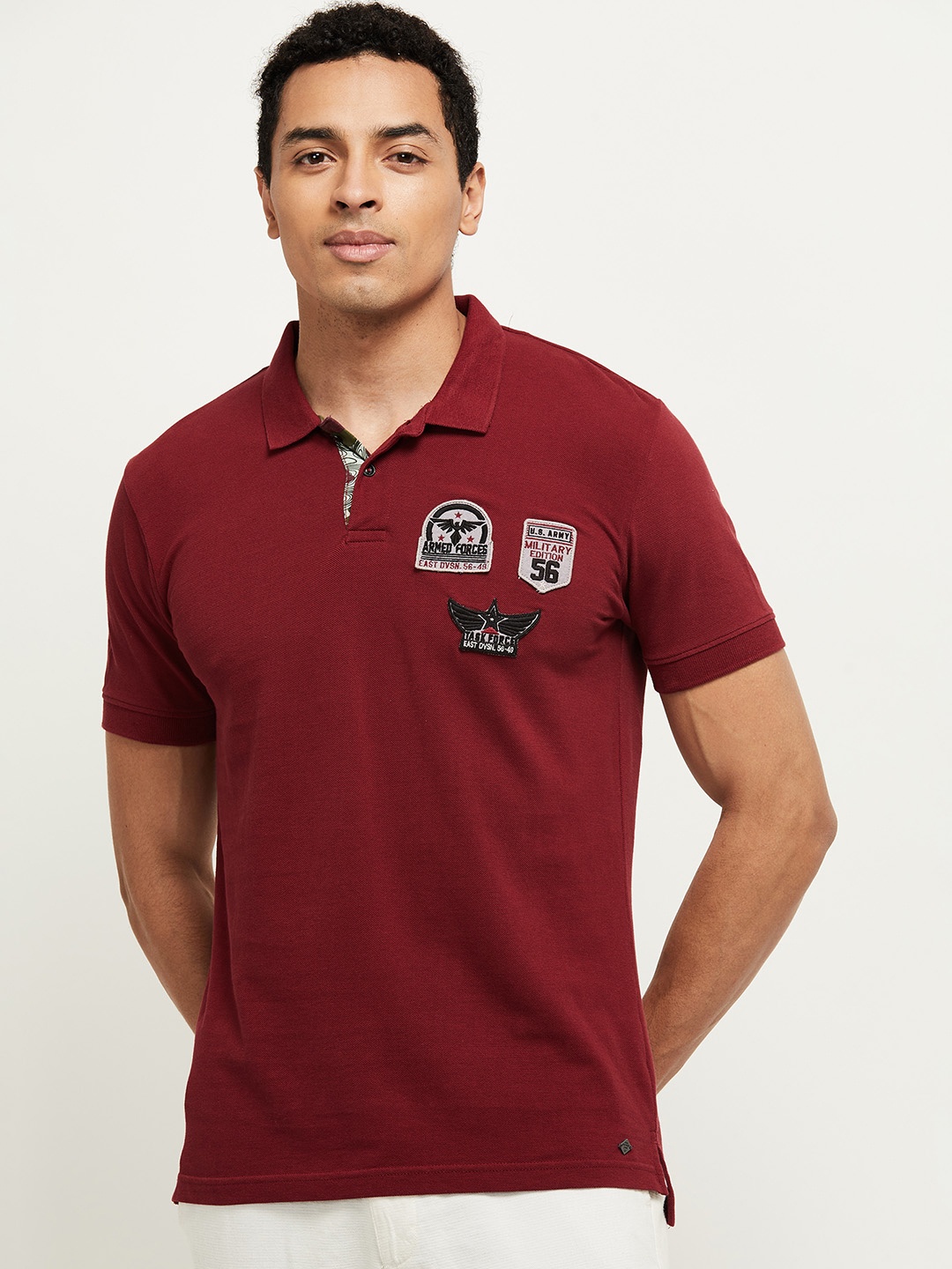 

max Men Maroon Polo Collar Applique Pure Cotton T-shirt