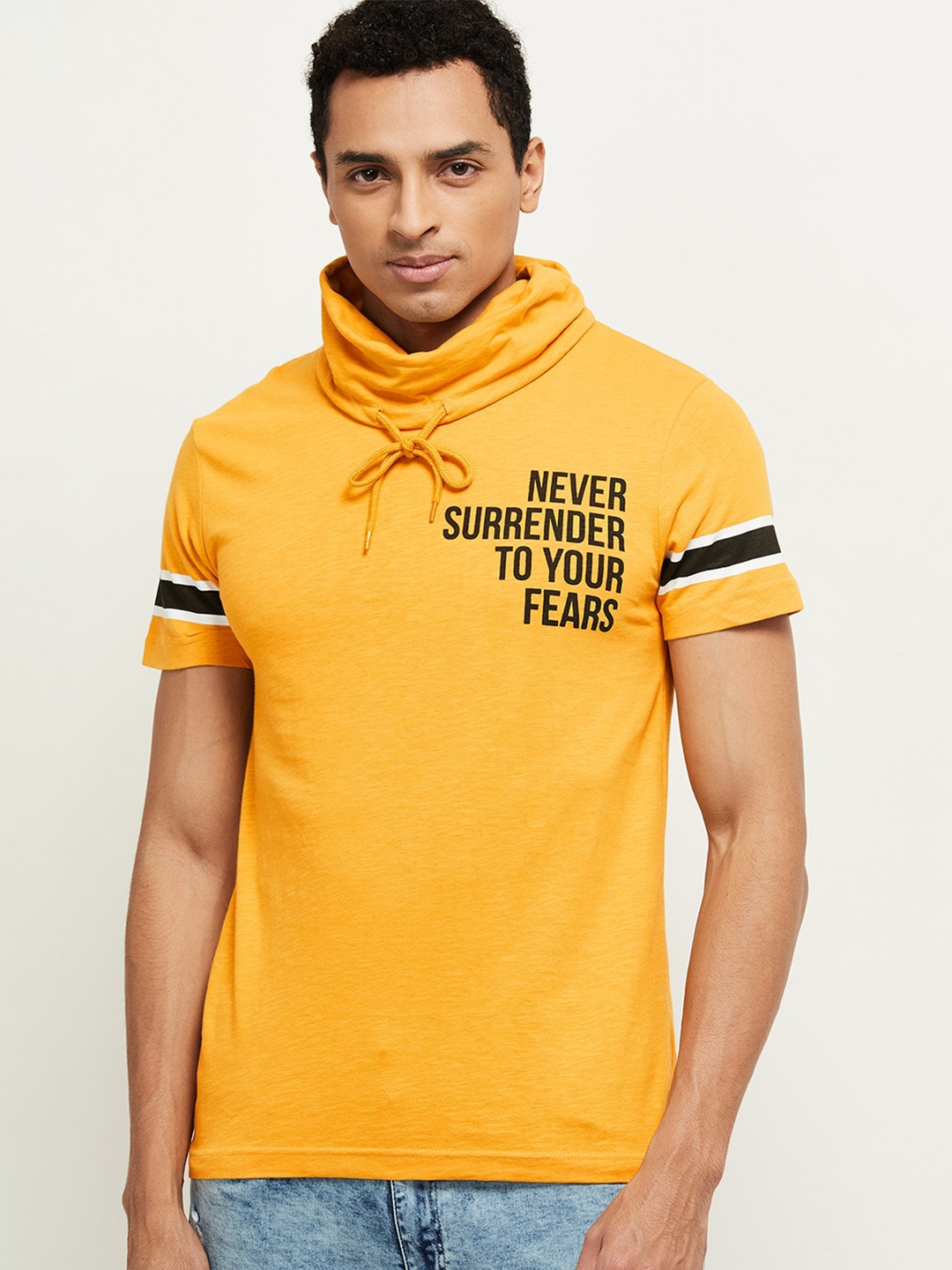 max Men Yellow & Black Typography Printed Pure Cotton T-shirt