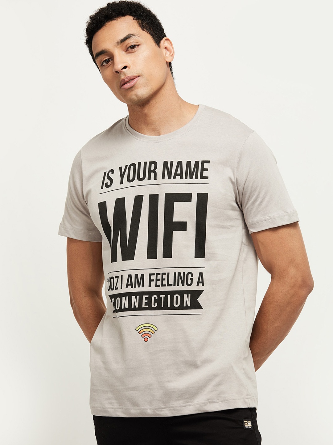 

max Men Grey & Black Typography Printed Pure Cotton T-shirt