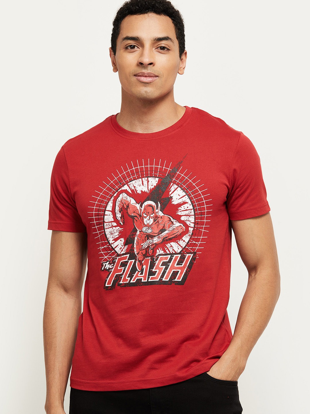 

max Men Red & White Flash Printed Pure Cotton T-shirt