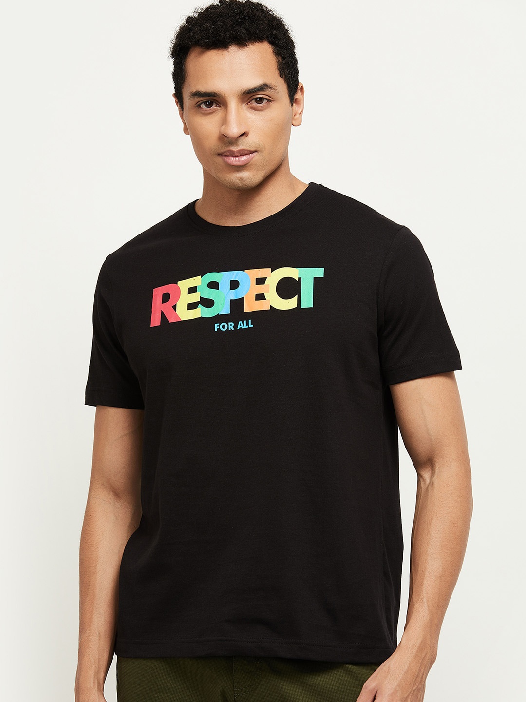

max Men Black & Green Typography Printed Pure Cotton T-shirt