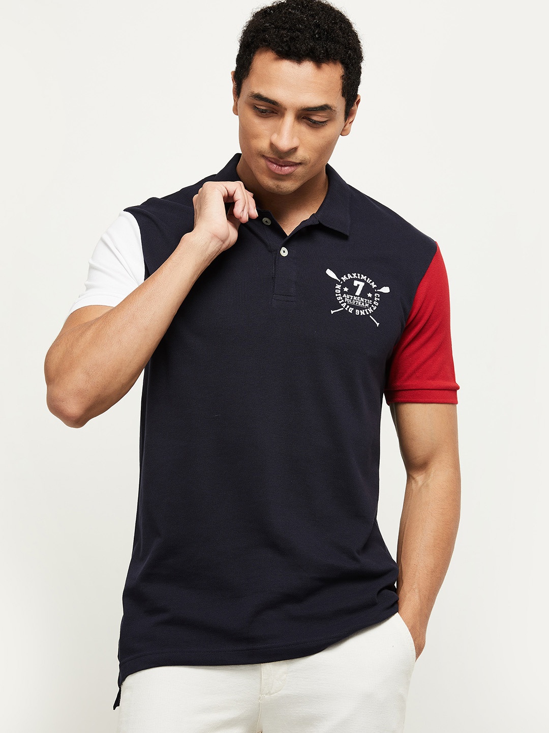 

max Men Navy Blue Typography Polo Collar Pure Cotton T-shirt
