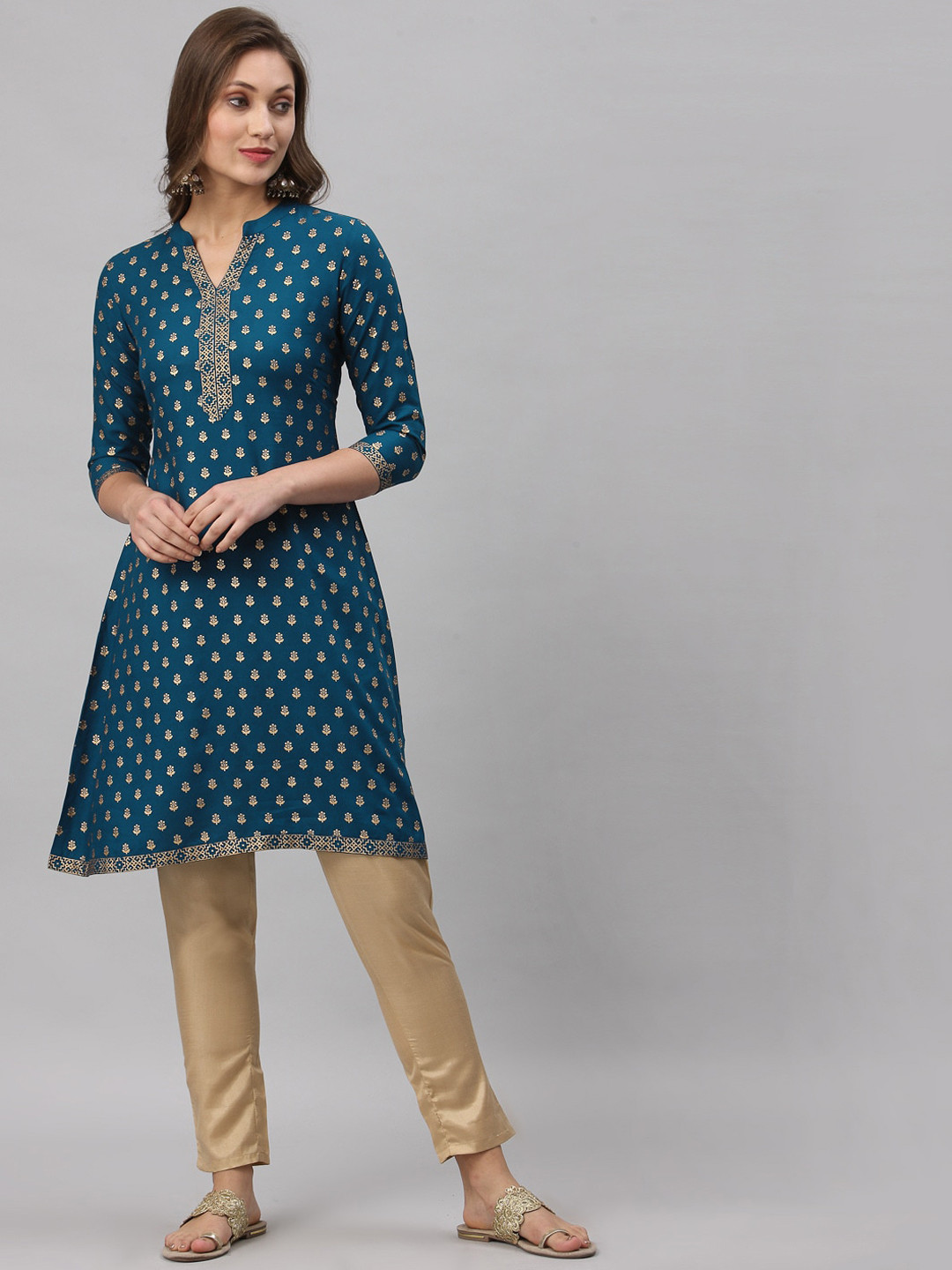 

SANISA Women Teal Blue Foil Print Kurta