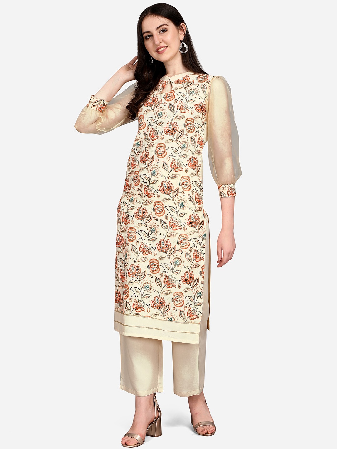 

SANISA Women Cream-Coloured Floral Printed Kurta
