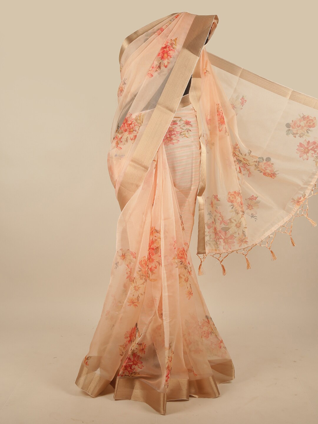 

Pothys Peach-Coloured & Gold-Toned Floral Zari Jute Silk Saree