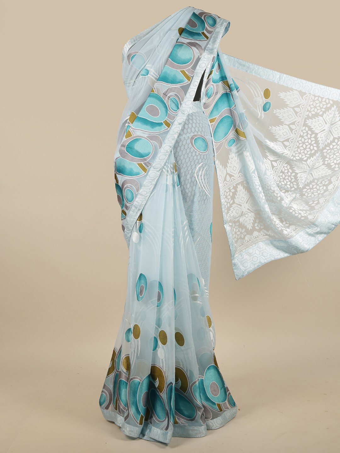 

Pothys Blue & Mustard Yellow Geometric Printed Saree