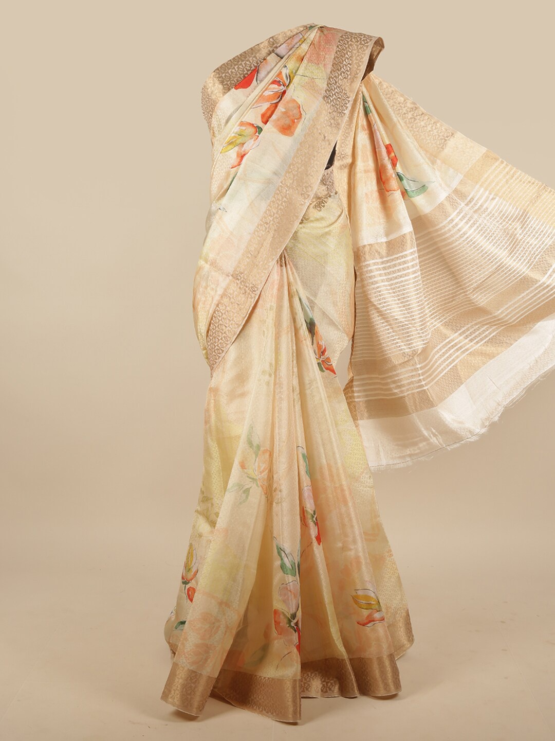 

Pothys Yellow & Orange Floral Zari Jute Silk Saree