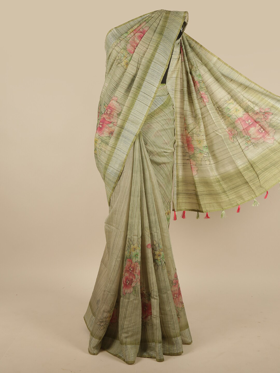 

Pothys Green & Pink Floral Jute Silk Saree