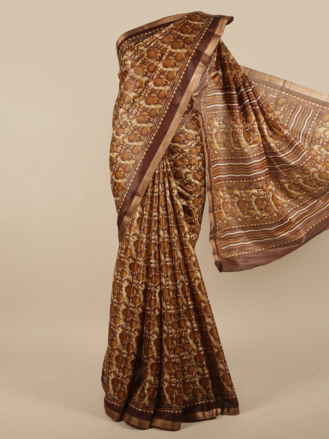 

Pothys Brown & Beige Floral Zari Jute Silk Saree