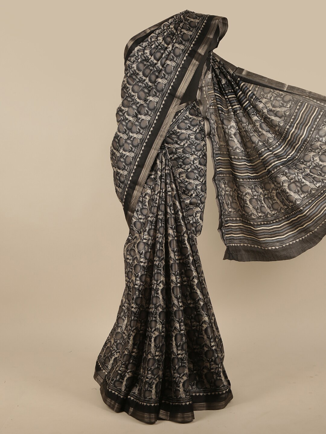 

Pothys Grey & Gold-Toned Floral Zari Jute Silk Saree