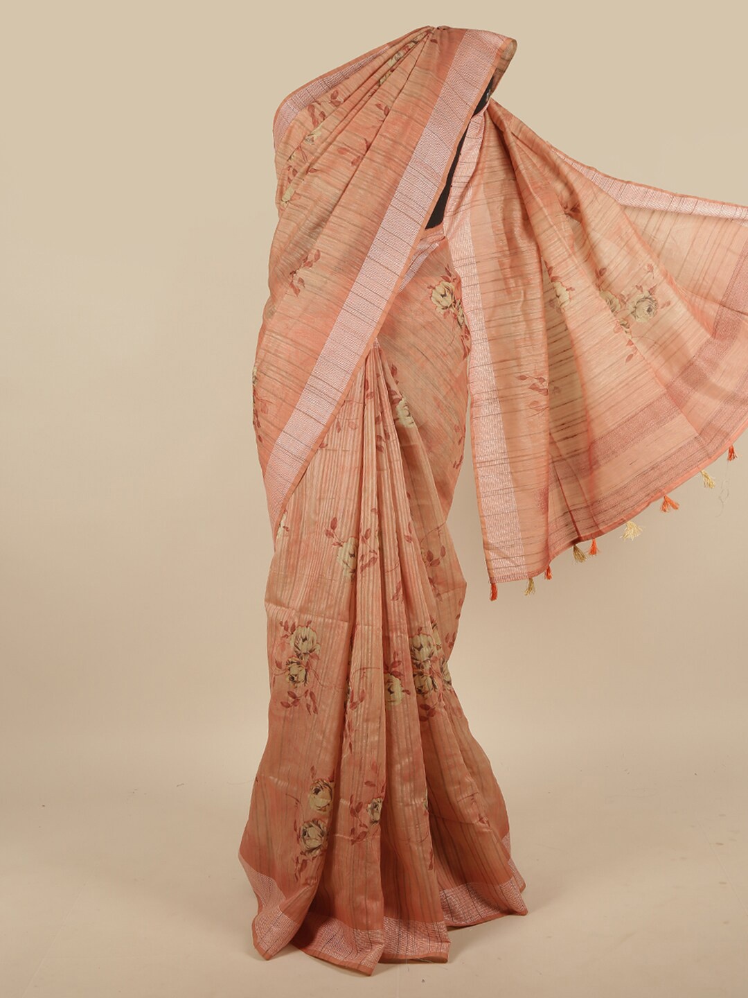 

Pothys Peach-Coloured & Beige Floral Jute Silk Saree