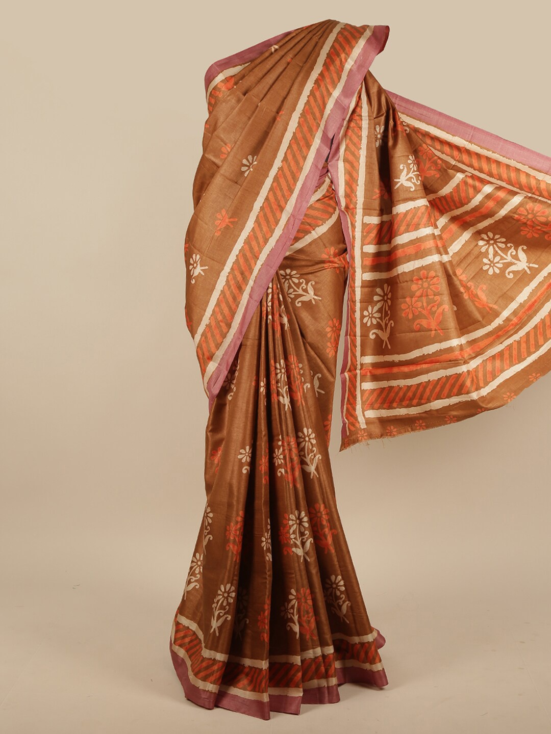 

Pothys Brown & Orange Floral Jute Silk Saree