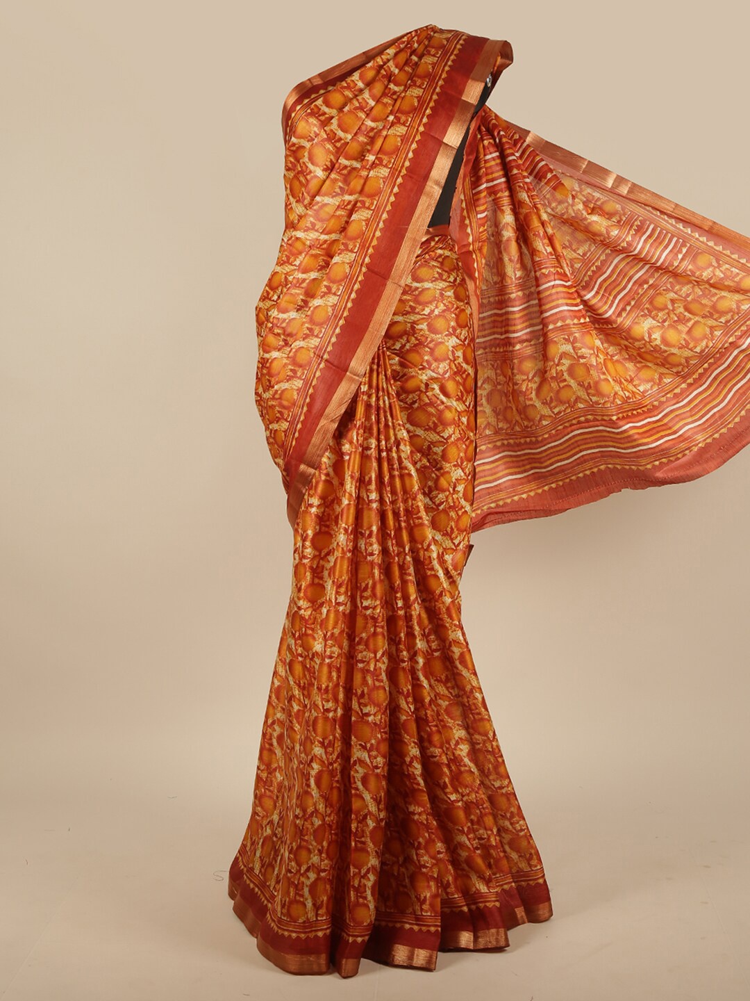 

Pothys Mustard & Maroon Floral Zari Jute Silk Saree