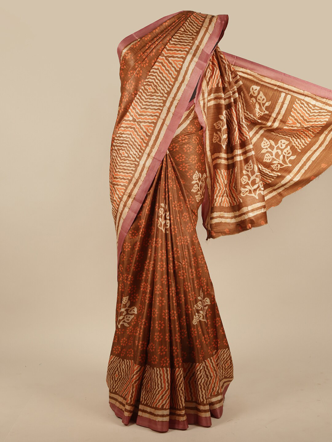 

Pothys Brown Floral Printed Jute Silk Saree