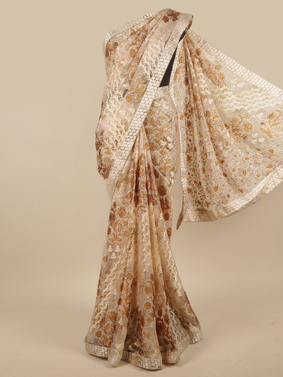 

Pothys Cream-Coloured & Brown Floral Saree