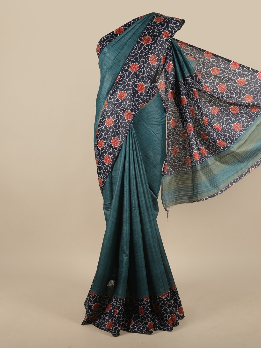 

Pothys Green & Navy Blue Floral Jute Silk Saree